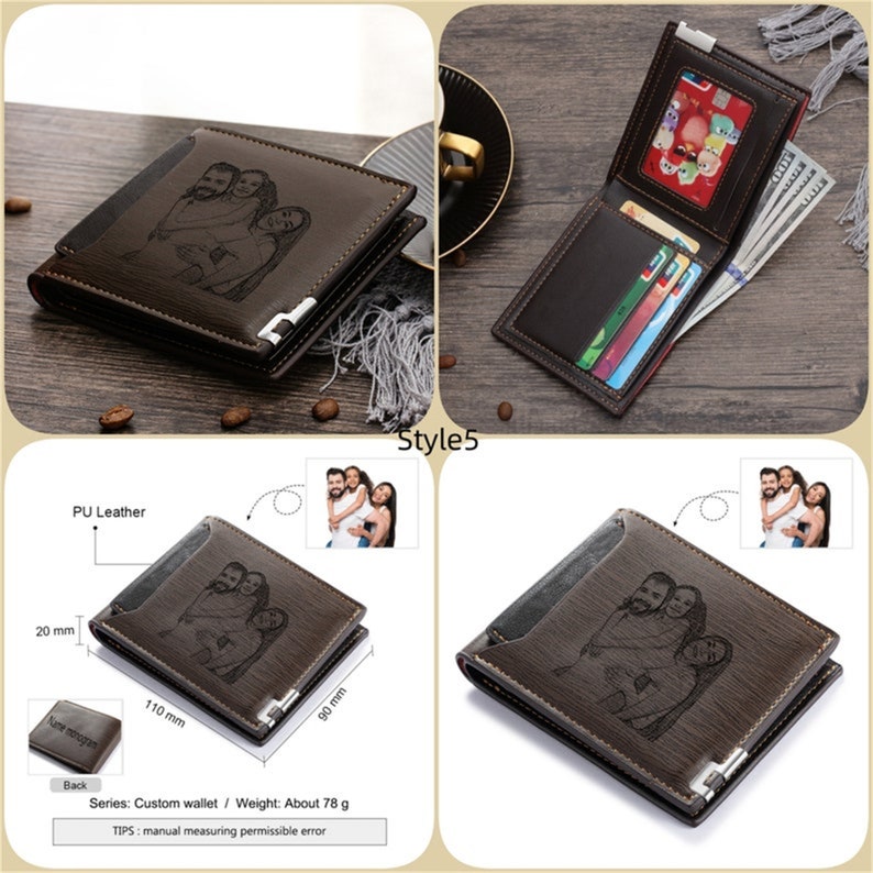 May include: Brown PU leather wallet with a personalized family portrait. The wallet is shown closed and open, revealing card slots and a bill compartment. Dimensions are approximately 4.3 inches long, 3.5 inches wide, and 0.8 inches thick. The wallet weighs about 2.7 ounces.