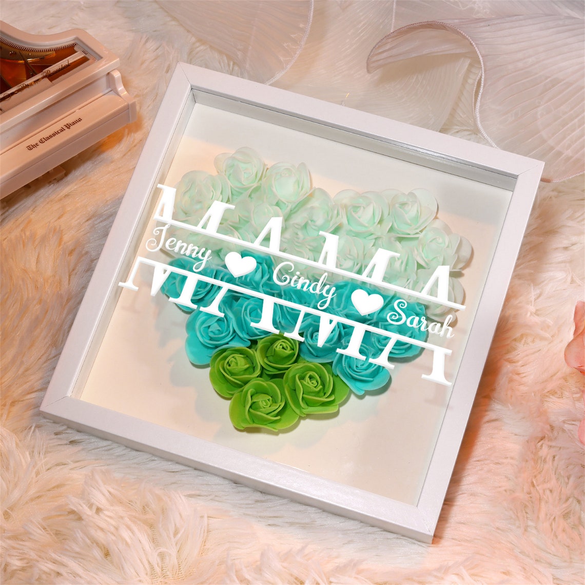 Personalized Rose Heart Shadow Box, Custom Kids Names Flower Shadow Box ...