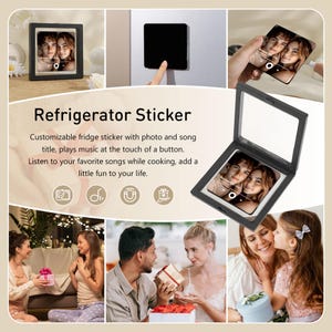 May include: A black refrigerator sticker with a photo of two people, framed in a black case. The text "Refrigerator Sticker" is displayed above the product. The sticker plays music at the touch of a button.