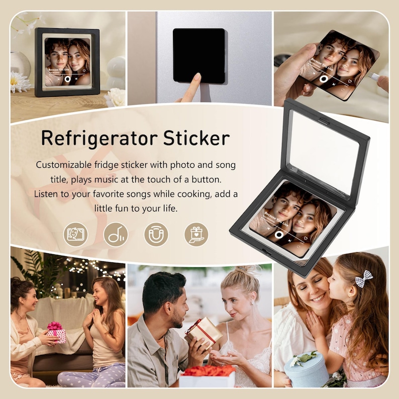 May include: A black refrigerator sticker with a photo of two people, framed in a black case. The text "Refrigerator Sticker" is displayed above the product. The sticker plays music at the touch of a button.