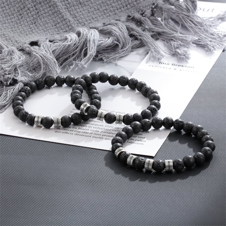 Bracelet de perles personnalisé pour homme, bracelet prénom personnalisé 1-5, bracelet de perles de pierre de lave, bracelet prénom enfant, cadeau pour papa, mari, cadeau de fête des pères image 1