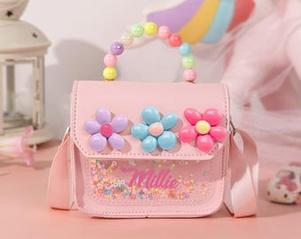 Personalized Girls Cute Floral Bag, Custom Name Children's Shoulder Bag, Pastel Beaded Handle Toddler Purse, Unique Birthday Gift for Girls