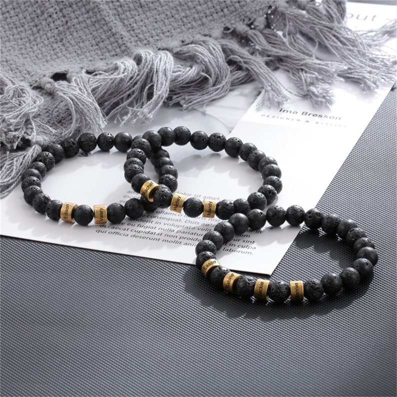 Bracelet de perles personnalisé pour homme, bracelet prénom personnalisé 1-5, bracelet de perles de pierre de lave, bracelet prénom enfant, cadeau pour papa, mari, cadeau de fête des pères image 2