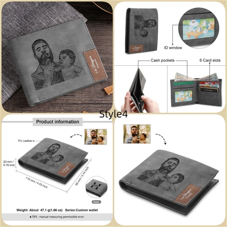 May include: Gray PU leather wallet with a custom engraved image of a man and child. The wallet has an ID window, cash pockets, and six card slots. Dimensions are 4.53 inches by 3.74 inches, and 0.78 inches thick. The weight is about 1.66 oz.