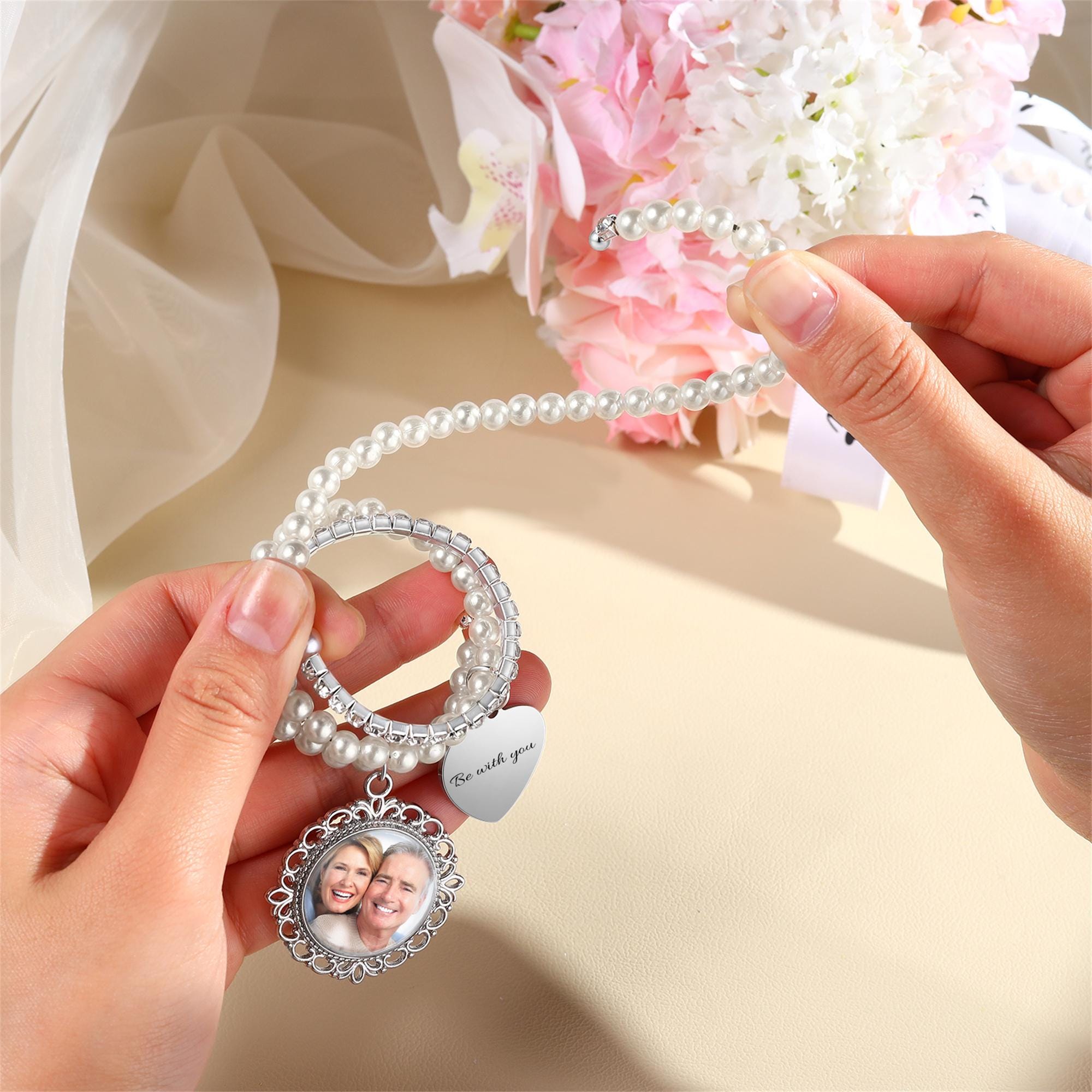 Custom Photo Bridal Bouquet Charm, Wedding Bouquet Charm with Pearl, Memorial Gift for Bride, Bridal Shower Gift, Wedding Gifts for Her