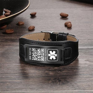 Gepersonaliseerde medische armband voor mannen, PU lederen QR-code noodwaarschuwingsarmband, twee kleuren, contact met medische ID voor noodgevallen, cadeau voor papa