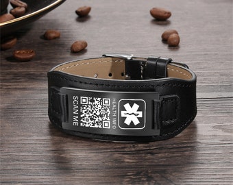 Personalized Medical Bracelet for Men,PU Leather QR Code Emergency Alert Bracelet,Two Colors,Emergency Contact Medical ID,Gift for Dad