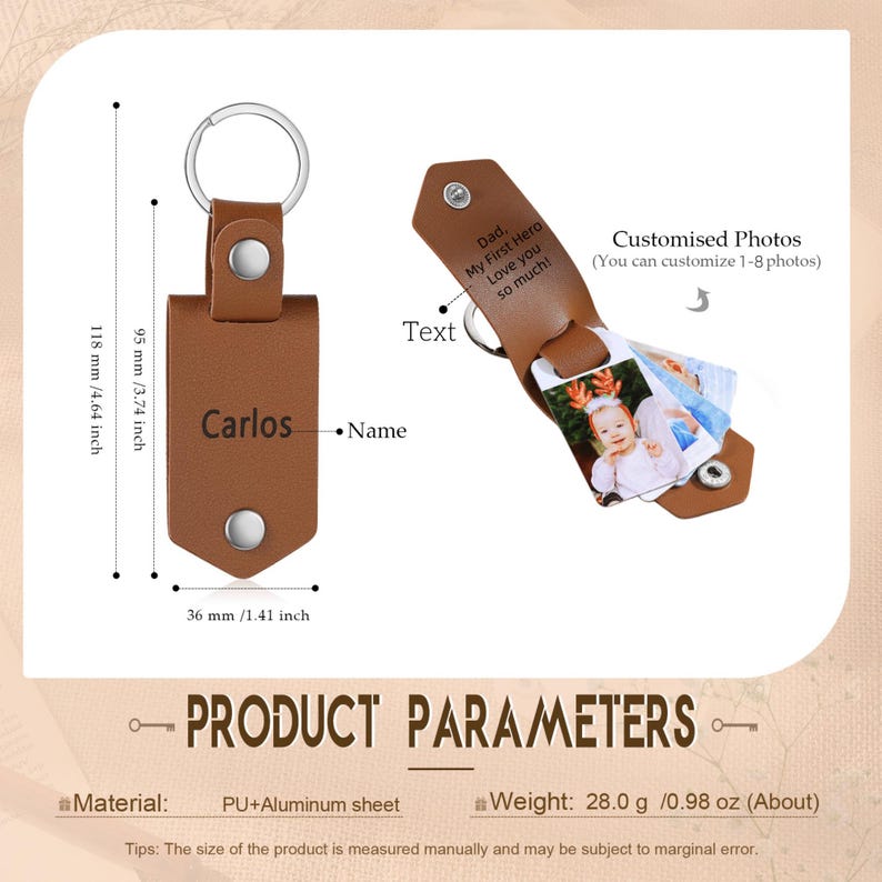 May include: A brown leather keychain with a metal ring, featuring a rectangular tag with the name "Carlos" and a small photo album. The album can hold up to 8 photos. The keychain is 4.64 inches long and 1.41 inches wide.