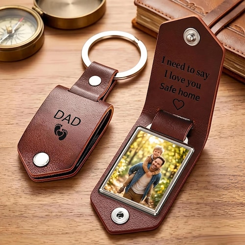Personalized Photo Leather Keychain, Custom Picture Keyring, Drive Safe Gift for Husband, Anniversary Gift for Him, Christmas Gift for Dad