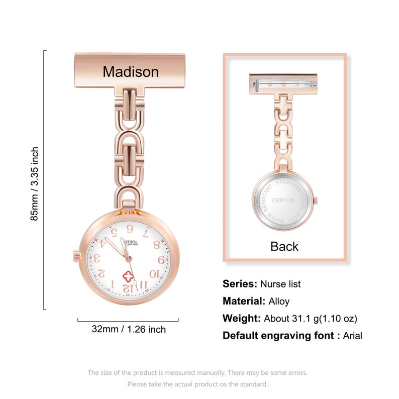 Montre de poche d'infirmière avec nom personnalisé, montre d'infirmière avec épinglette, souvenir de mariage, conçue exclusivement pour les infirmières, les esthéticiennes et les sages-femmes Style 2-Rose Gold