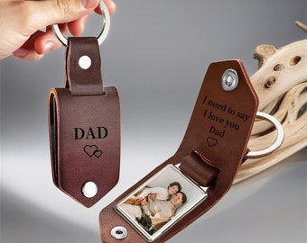 Porte-clés personnalisé en cuir pour hommes avec photo, porte-clés photo avec étiquette en métal, porte-clés gravé, cadeaux pour papa, cadeaux d'anniversaire pour lui