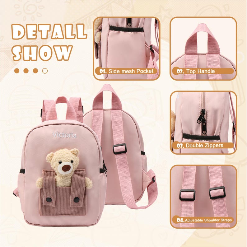 Custom Toddler Backpack with Name, Embroidered Name Kids Preschool Backpack, Teddy Bear Kawaii Backpack, Boys Girls Back to School Gift image 3