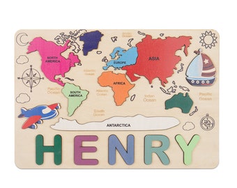 Personalized World Map Wooden Puzzle for Kids,Custom Name Puzzle,Educational Toy for Enlightenment, Christmas Gift ,Birthday Gift