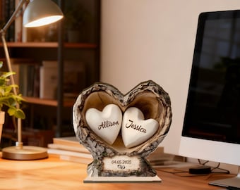 Gepersonaliseerde hart paar houten 2D plaquette met standaard, huwelijkscadeau, aangepaste kerstcadeau, paar aandenken, cadeau voor bruid, jubileumcadeau
