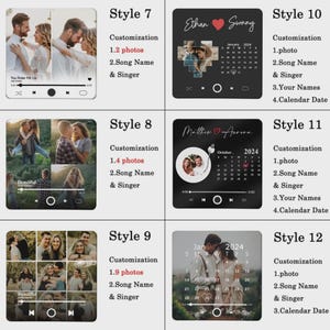 May include: A collection of personalized photo gifts, each resembling a music player interface. Styles 7, 8, and 9 feature multiple photos, song details, and customization options. Styles 10, 11, and 12 include photos, song information, names, and calendar dates.