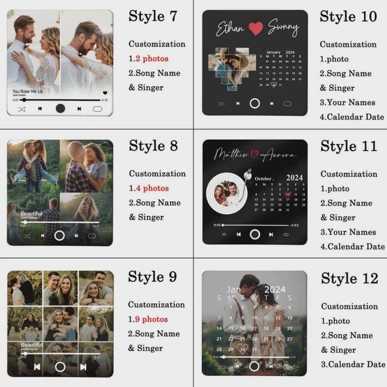 May include: A collection of personalized photo gifts, each resembling a music player interface. Styles 7, 8, and 9 feature multiple photos, song details, and customization options. Styles 10, 11, and 12 include photos, song information, names, and calendar dates.