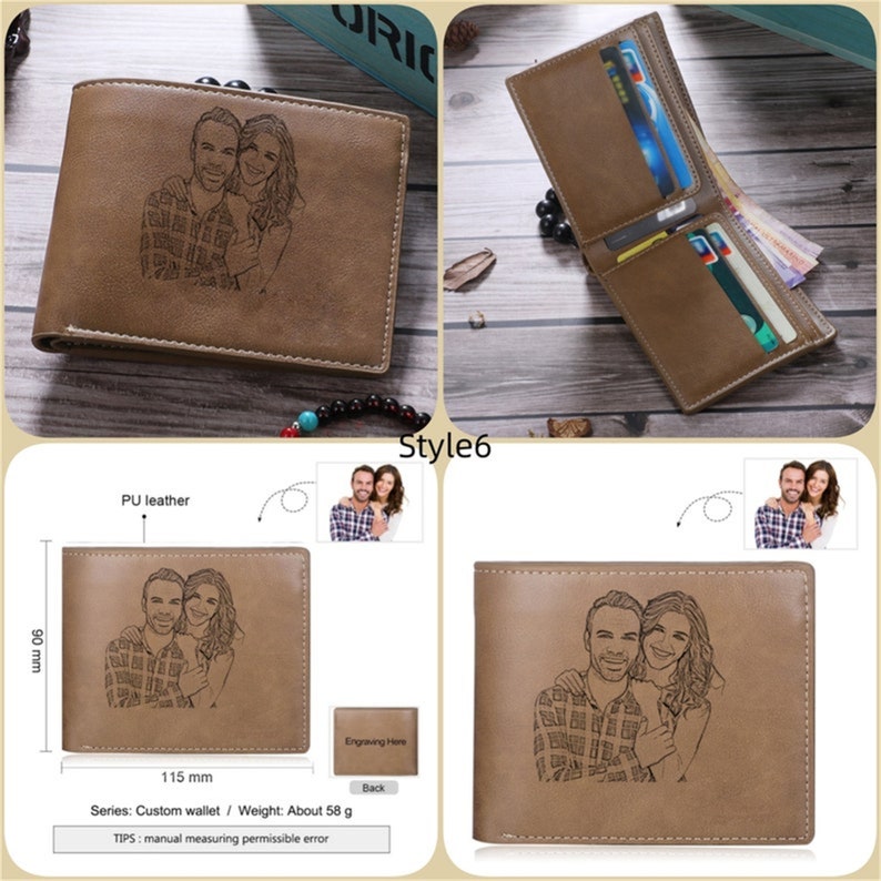 May include: Brown PU leather wallet with a custom engraved image of a couple. The wallet is shown closed and open, revealing card slots and cash. Dimensions are 115 mm x 90 mm.