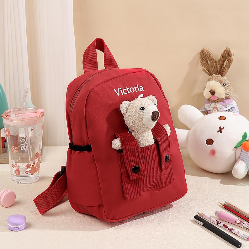 Custom Toddler Backpack with Name, Embroidered Name Kids Preschool Backpack, Teddy Bear Kawaii Backpack, Boys Girls Back to School Gift Red
