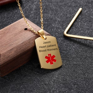 Collier d'alerte médicale personnalisé, informations de santé personnalisées et ID de contact d'urgence, avec chaîne de 19,7 pouces, cadeau pour les patients, or