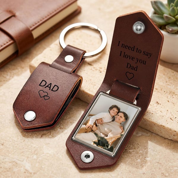 Gepersonaliseerde leren herensleutelhanger met foto, metalen tag fotosleutelhanger, gegraveerde sleutelhanger, cadeaus voor papa, jubileumcadeaus voor hem