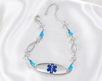 Personalize Women Medical Bracelet,Blue Gemstone Bracelet,Custom Emergency Alert ID,Gift for Epilepsy and Allergy Patients,Gift for Mom