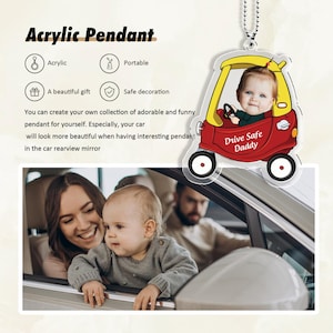 Personliga bildhängare för barn 1-4 år, akryldekoration för kör säkert pappa, present till ny pappa, present till ny förare, babyfotopresent till maken bild 7