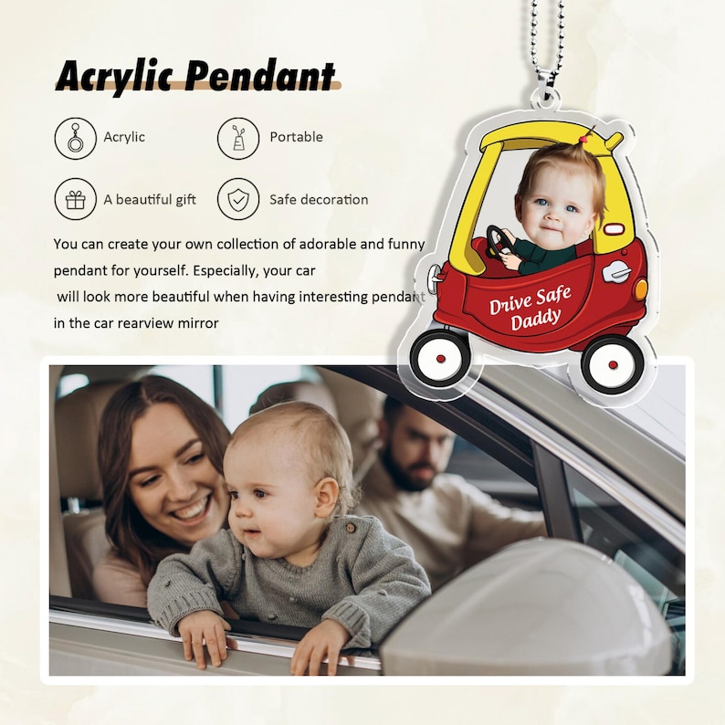 Personliga bildhängare för barn 1-4 år, akryldekoration för kör säkert pappa, present till ny pappa, present till ny förare, babyfotopresent till maken bild 7