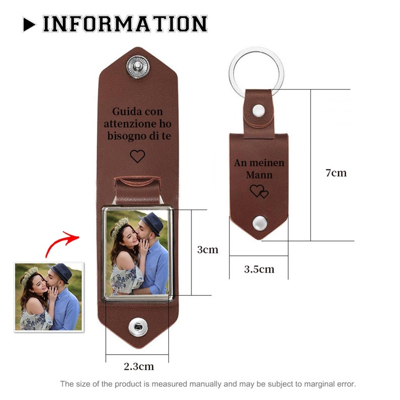 May include: A brown leather keychain with a metal ring and snap closure. The keychain has a rectangular photo frame (3cm x 2.3cm) and a tag with the text "An meinen Mann" and two hearts. The total length is 7cm.