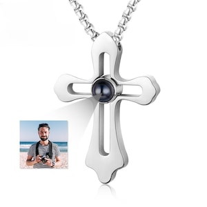 Collar con piedra de proyección personalizada para hombre, con foto incrustada, con cruz de oración, regalo para novio y papá.