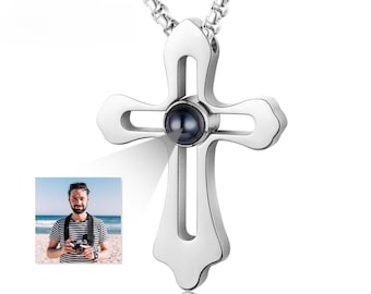 Personalized Projection Stone Necklace for Men,Photo-Inlaid Necklace,Cross Prayer Necklace,Gift for Boyfriend,Gift for Dad