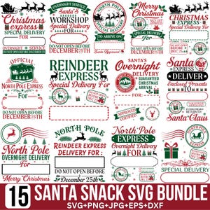 May include: A collection of 15 Christmas-themed SVG designs featuring festive elements like reindeer, Santa, and sleighs. The designs include labels and banners with text such as "Christmas Express" and "Special Delivery."