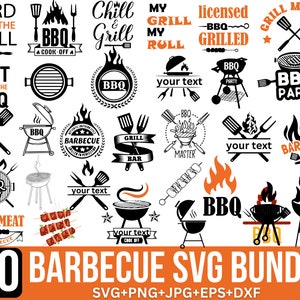 Könnte beinhalten: Ein Set mit 30 schwarzen und weißen BBQ-SVG-Designs. Die Designs beinhalten Text, Flammen und Grillwerkzeuge. Der Text enthält Sätze wie "Lord of the Grill", "Chill & Grill", "BBQ Party" und "Best Meat Barbecue".