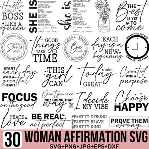 Paquete de SVG de afirmación femenina, SVG de "Ella soy yo", SVG inspirador, SVG de citas de chicas, Empoderamiento femenino, SVG de mujer fuerte, Cita positiva, Cricut