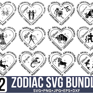 Sterrenbeeld Svg bundel, hemelse svg, horoscoop SVG, dierenriem hart Svg, dierenriem shirts Svg, astrologie tekens, sterrenbeeld svg, silhouet