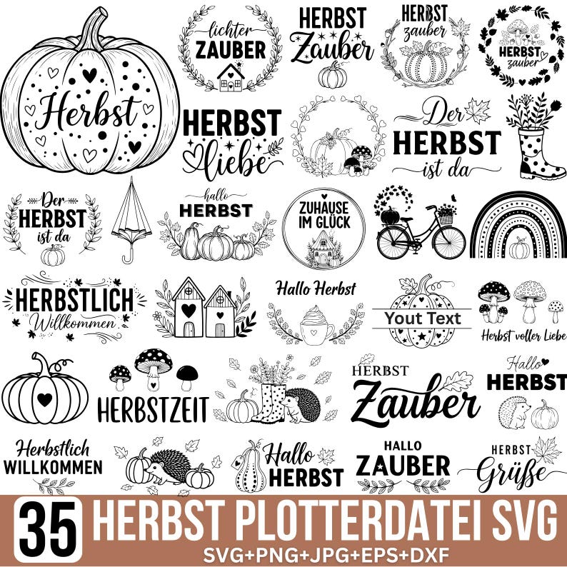 May include: A collection of black and white autumn-themed SVG designs. Features pumpkins, leaves, and text elements. The text includes phrases like "Herbst" and "Hallo Herbst".