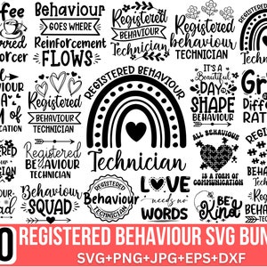 Op de afbeelding: Een set van 30 zwart-witte SVG-ontwerpen met zinnen die betrekking hebben op geregistreerde gedragstherapeuten. De ontwerpen bevatten zinnen zoals "Geregistreerde Gedragstherapeut", "Al het gedrag is een vorm van communicatie", "Liefde heeft geen woorden nodig" en "Groei in verschillende tempo's".