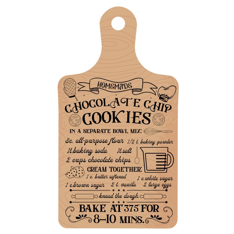 Pode incluir: Uma t&aacute;bua de cortar de madeira castanho com uma receita para biscoitos de chocolate caseiros. A receita inclui os ingredientes e as instru&ccedil;&otilde;es para assar os biscoitos a 375 graus Fahrenheit durante 8-10 minutos.