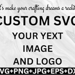 Op de afbeelding: Een witte achtergrond met zwarte tekst die "Let's make your crafting dreams a reality! CUSTOM SVG YOUR TEXT IMAGE AND LOGO SVG+PNG+JPG+EPS+DXF" zegt.