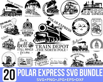 Könnte beinhalten: Ein Set mit 20 Schwarzweiß-SVG-Designs mit dem Polar Express Zug, mit Texten wie "The Polar Express", "Believe", "Train Depot" und "North Pole Express Delivery".