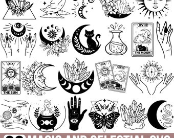 Può includere: Un set di 30 illustrazioni vettoriali in bianco e nero con disegni a tema celeste e magico. I disegni includono lune, stelle, cristalli, mani, carte dei tarocchi, un calderone, una farfalla e un serpente. Il testo "30 MAGIC AND CELESTIAL SVG" e "SVG+PNG+JPG+EPS+DXF" è incluso nell'immagine.