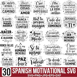May include: A collection of 30 Spanish motivational SVG designs with various phrases in a black and white color scheme. The designs include phrases like "Haz tu propia magia" and "Sé tú mismo". The bottom of the image has the text "30 SPANISH MOTIVATIONAL SVG".
