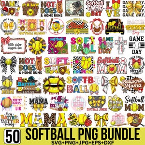 May include: A collection of 50 softball-themed PNG graphics. Designs include softball, bats, bows, and text like "Softball Mom," "Game Day," and "Hot Dogs & Home Runs." The graphics are in various colors and styles, suitable for crafting projects.
