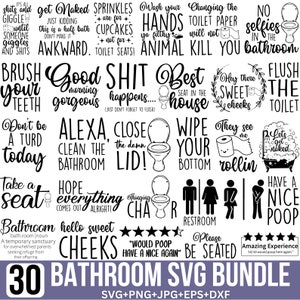 Puede incluir: Un conjunto de 30 diseños SVG con temática de baño, con frases y gráficos humorísticos. Incluye textos como "Cepíllate los dientes", "Alexa, limpia el baño" y "Que tengas una buena caca". Disponible en formatos SVG, PNG, JPG, EPS y DXF.