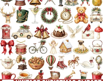 A Vintage Christmas Watercolor Clipart, Vintage Christmas PNG, The Holiday Social Club, Christmas Clip Art, Festive Party, Dog Breed, Cricut
