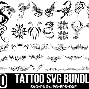 May include: A set of 30 black and white tattoo SVG designs. The designs include tribal patterns, animals, and other symbols. The text "30 Tattoo SVG Bundle" is at the bottom of the image. The text "SVG+PNG+JPG+EPS+DXF" is at the bottom of the image.