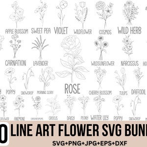 Pacote de arte de linha de flores Svg, Floral Svg, Buquê Svg, Casamento Svg, Rosa Svg, Flor Svg, Botânico Svg, Rosa Svg, Girassol Svg, Para Cricut