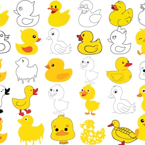May include: A collection of 30 yellow rubber duck illustrations in various poses, including some with hearts, some with polka dots, and some with a dripping effect. Some ducks are outlined in black, while others are filled in with yellow.