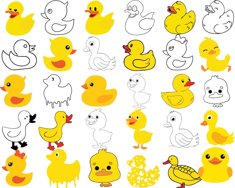 May include: A collection of 30 yellow rubber duck illustrations in various poses, including some with hearts, some with polka dots, and some with a dripping effect. Some ducks are outlined in black, while others are filled in with yellow.