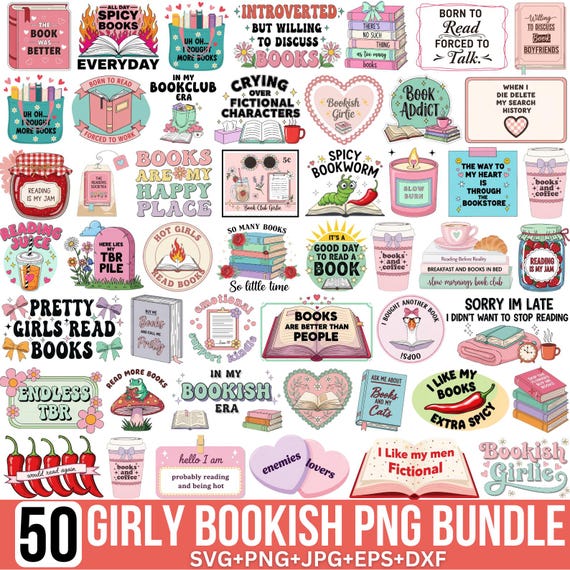 Bookish Girlie PNG Bundle, Bookish Quotes Sayings, Trendy PNG, Cute Bookish Stickers, Pink Book Lover Quotes, Book Nerd Sublimation, Cricut
