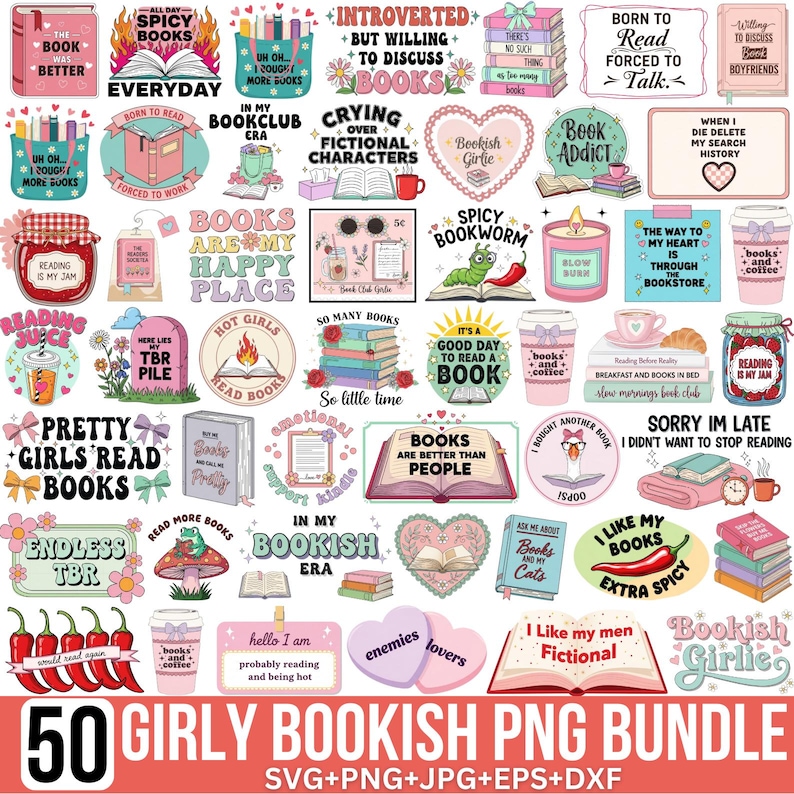K&ouml;nnte beinhalten: Eine Sammlung von 50 girly-buchigen PNG-Grafiken, darunter Aufkleber und Illustrationen. Die Designs zeigen S&auml;tze wie "Spicy Books", "Book Addict" und "Books are my happy place". Die Farbpalette umfasst Pink, Rot und T&uuml;rkis.